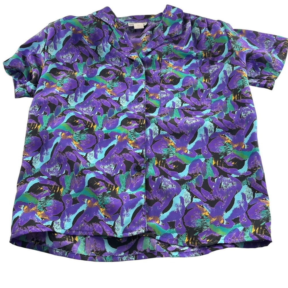 Petite Impressions Vintage 80s Abstract Floral Button Up Blouse Purple Teal 10P
